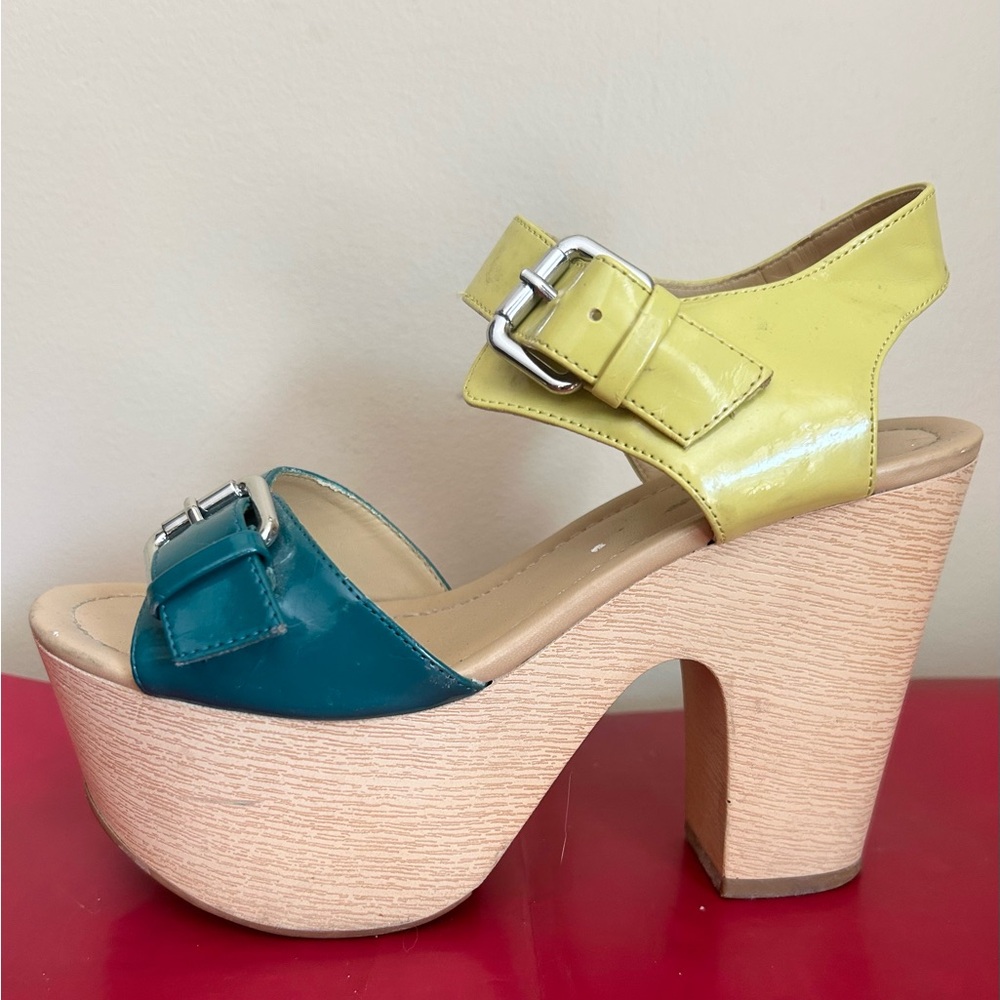 Vibrant Teal and Yellow Platform Sandals